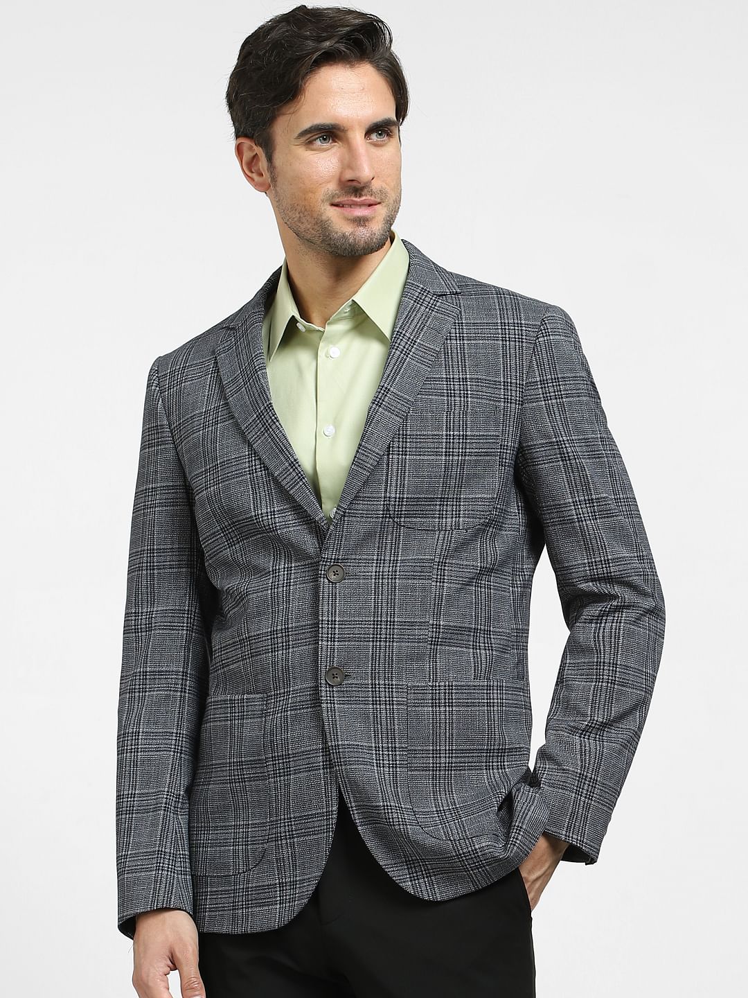 Navy Blue Check Print Blazer