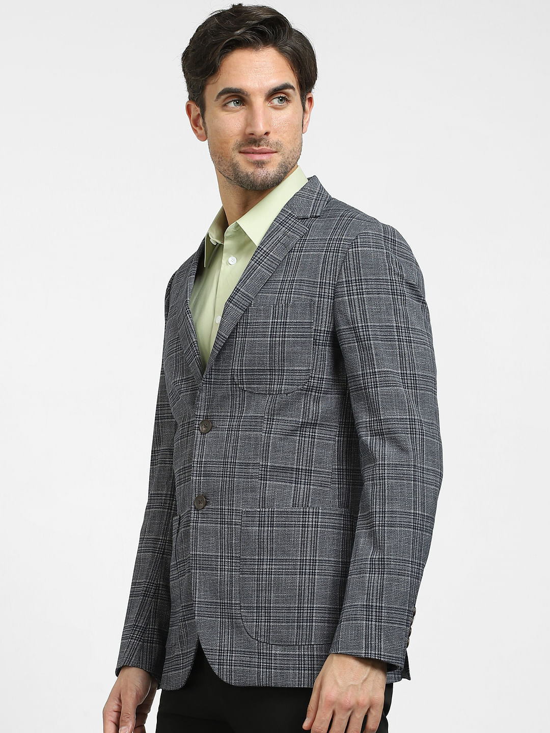 Navy Blue Check Print Blazer