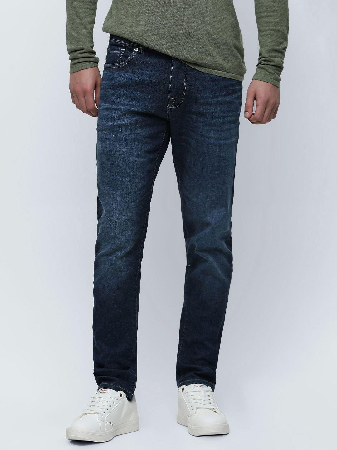 Dark Blue Mid Rise Leon Slim Fit Jeans