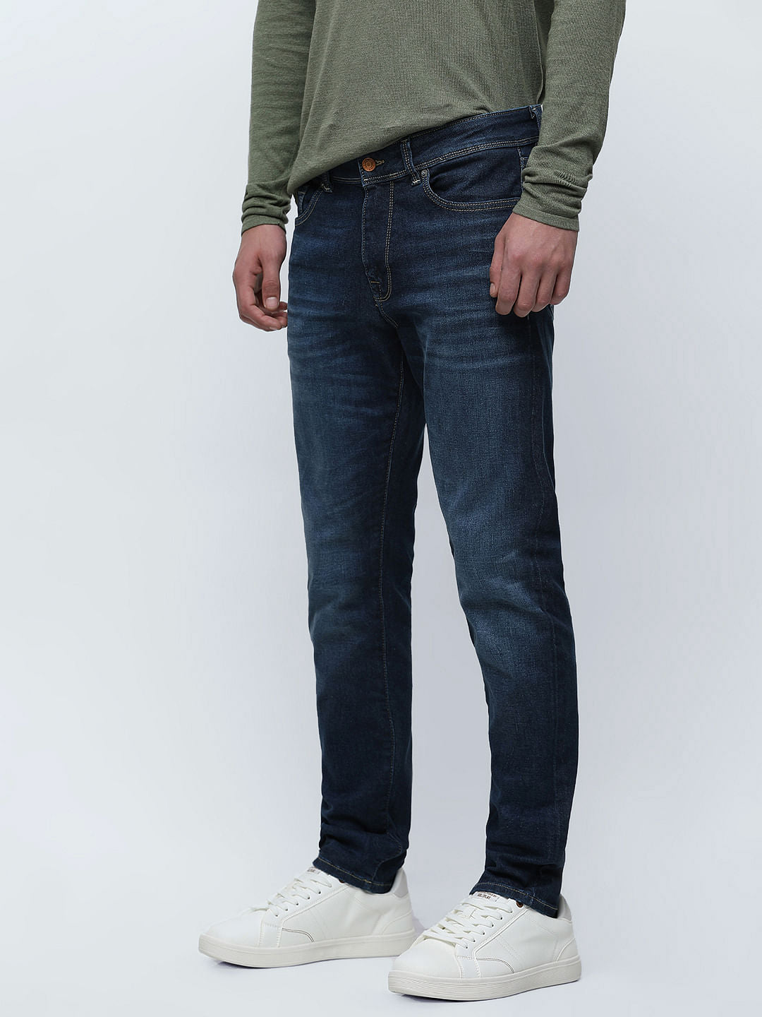 Dark Blue Mid Rise Leon Slim Fit Jeans
