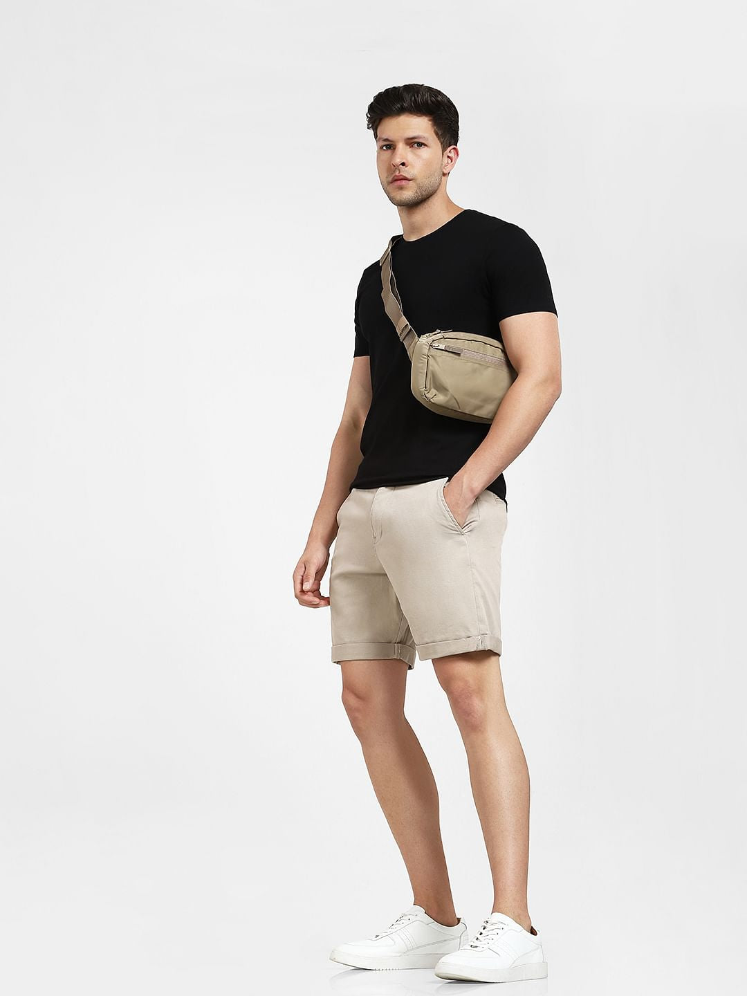 Beige Mid Rise Shorts