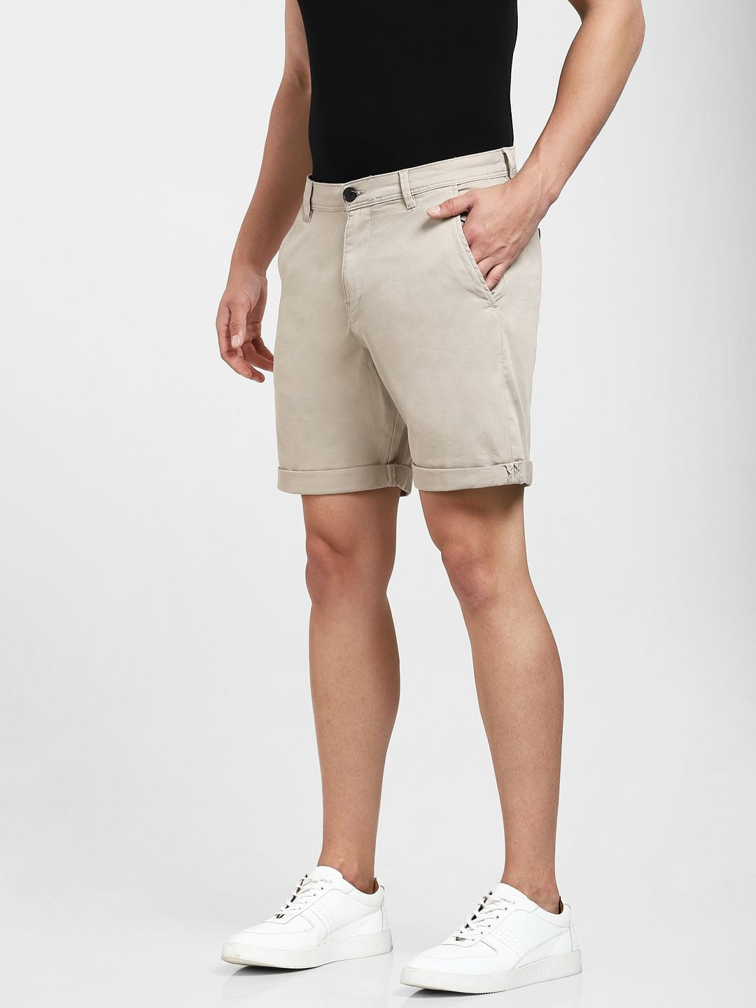 Beige Mid Rise Shorts