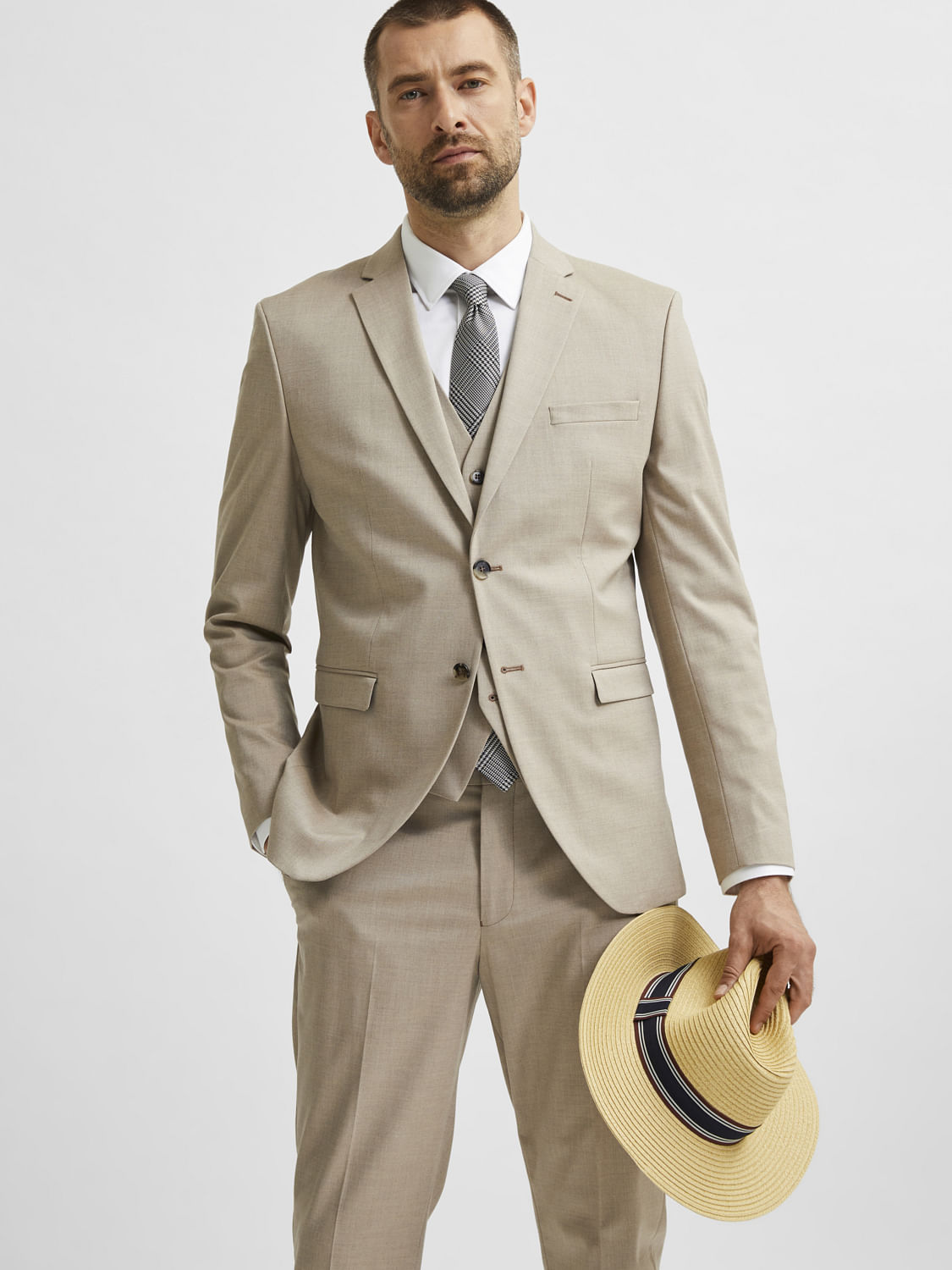 Beige Double Button Suit-Set Blazer