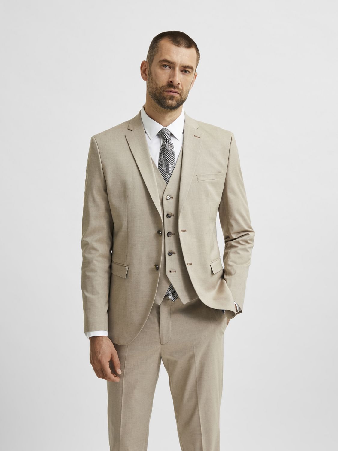Beige Double Button Suit-Set Blazer