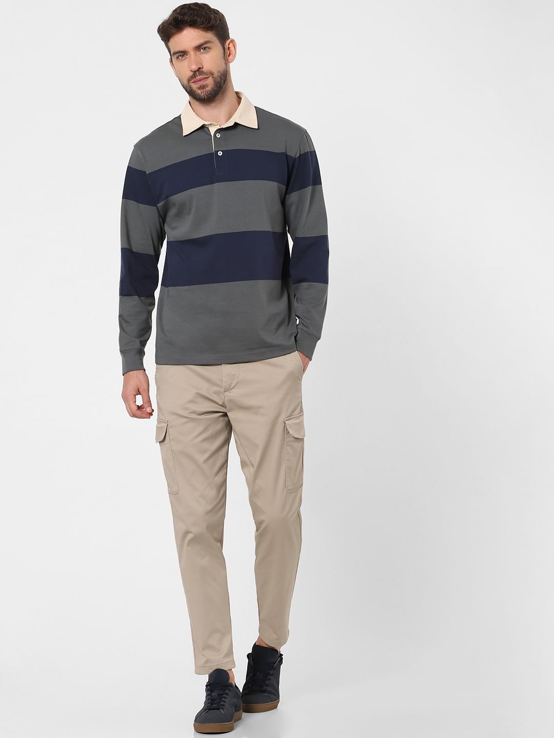 Grey Striped Polo Neck T-Shirt