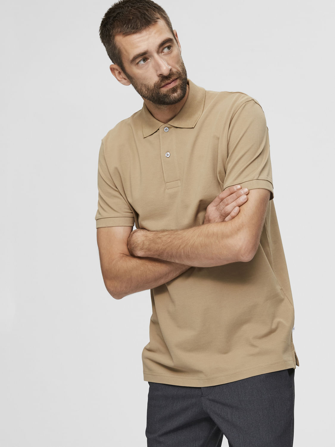 Beige Organic Cotton Polo Neck T-Shirt