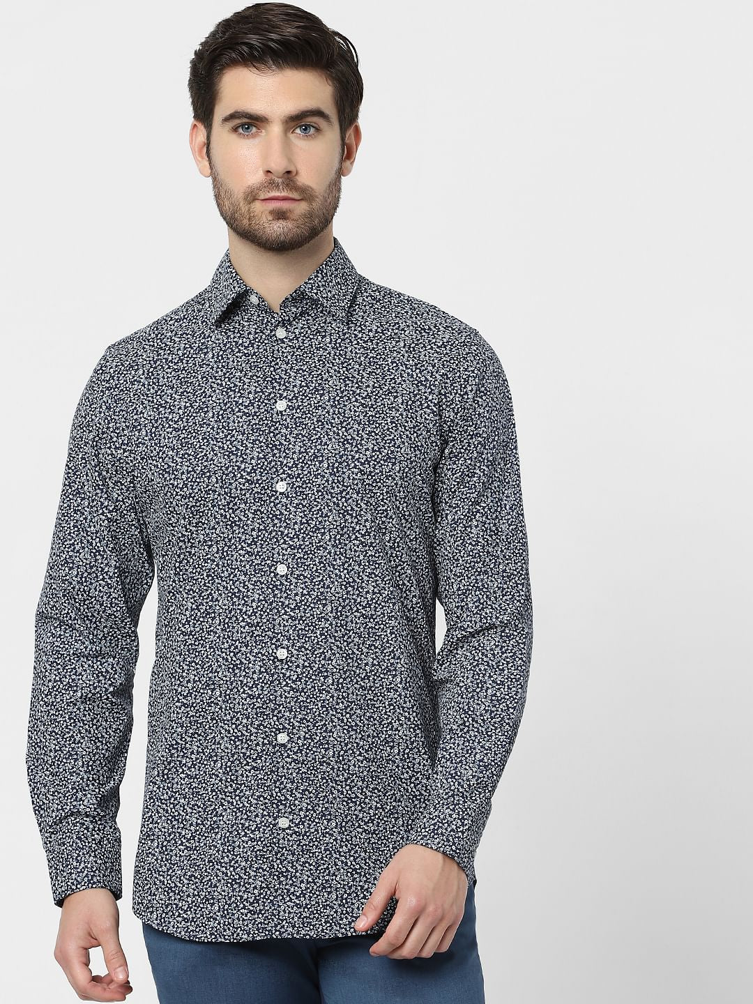 Dark Blue Printed Organic Cotton Full Sleeves Shirt