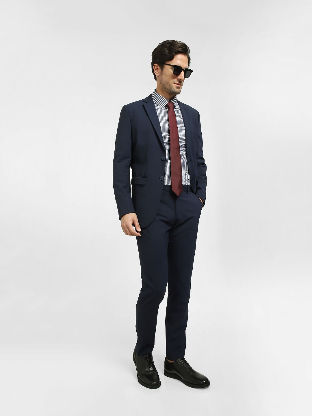 Navy Blue Mid Rise Formal Suit-Set Trousers
