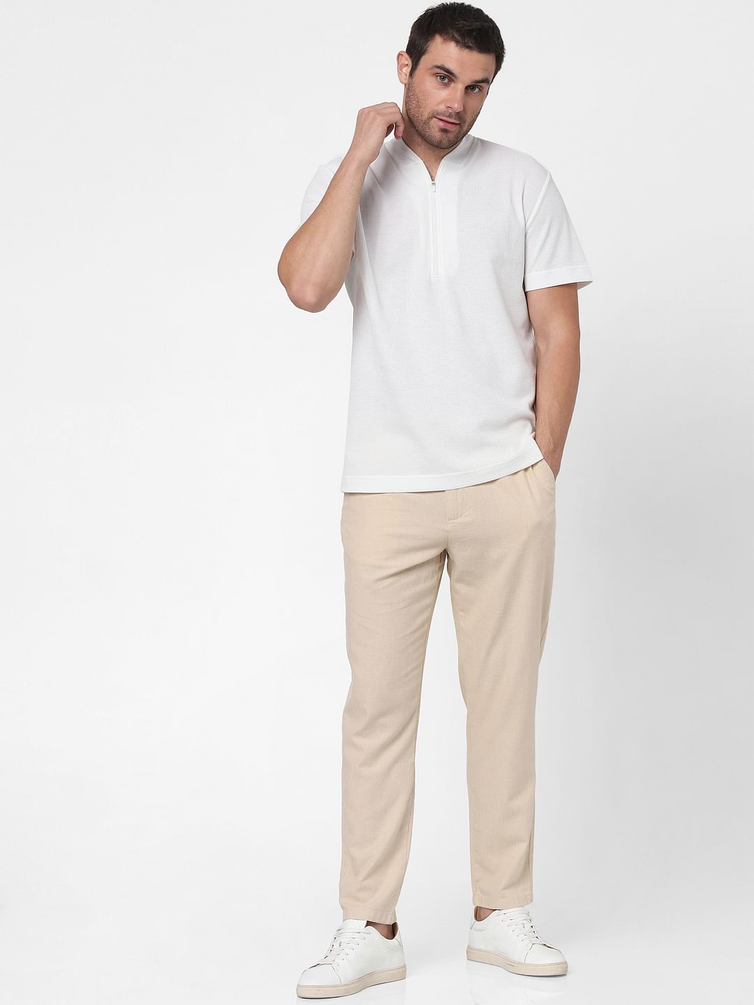 White Knit Polo Neck T-Shirt