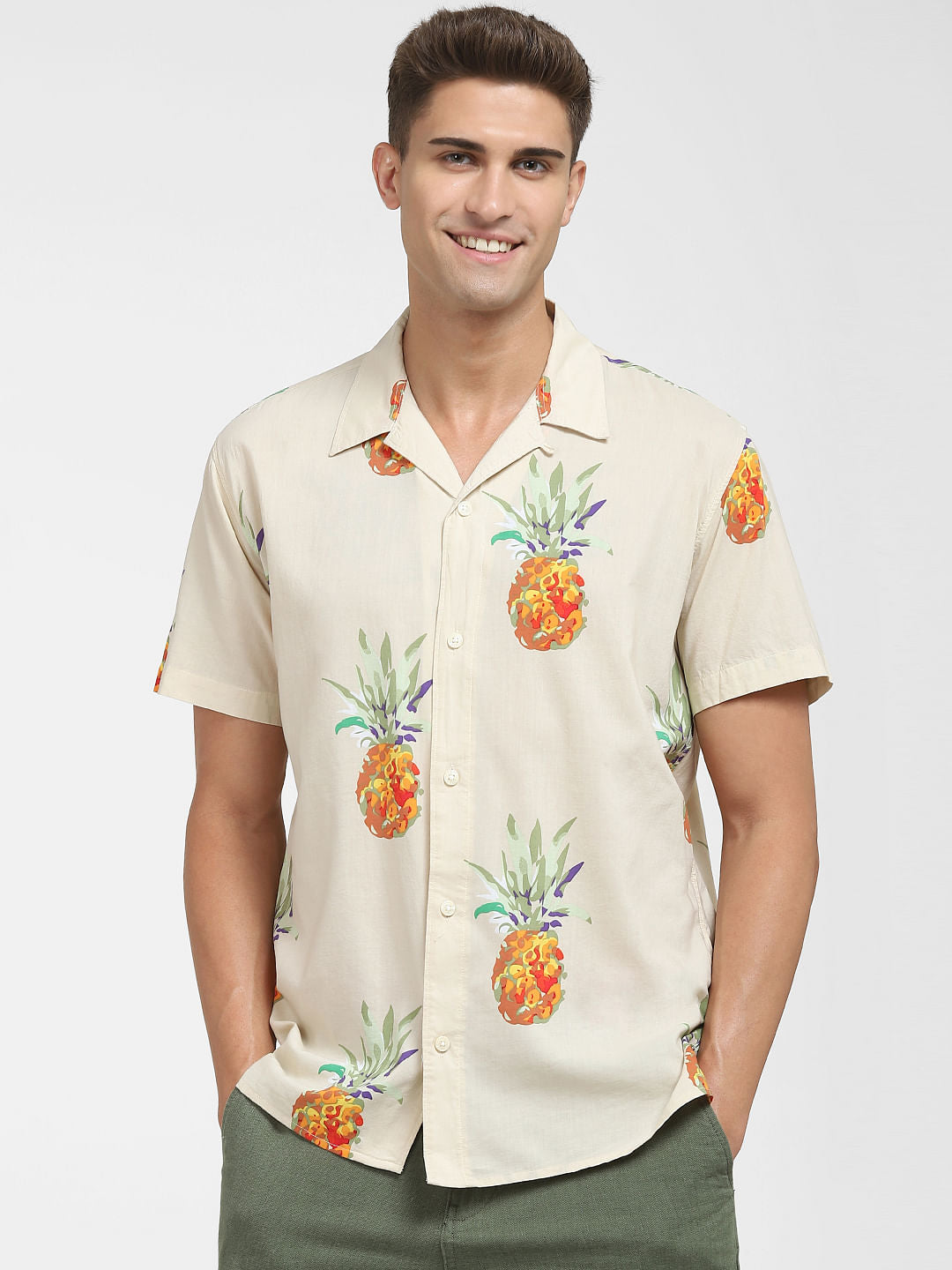 Beige All Over Print Short Sleeves Shirt