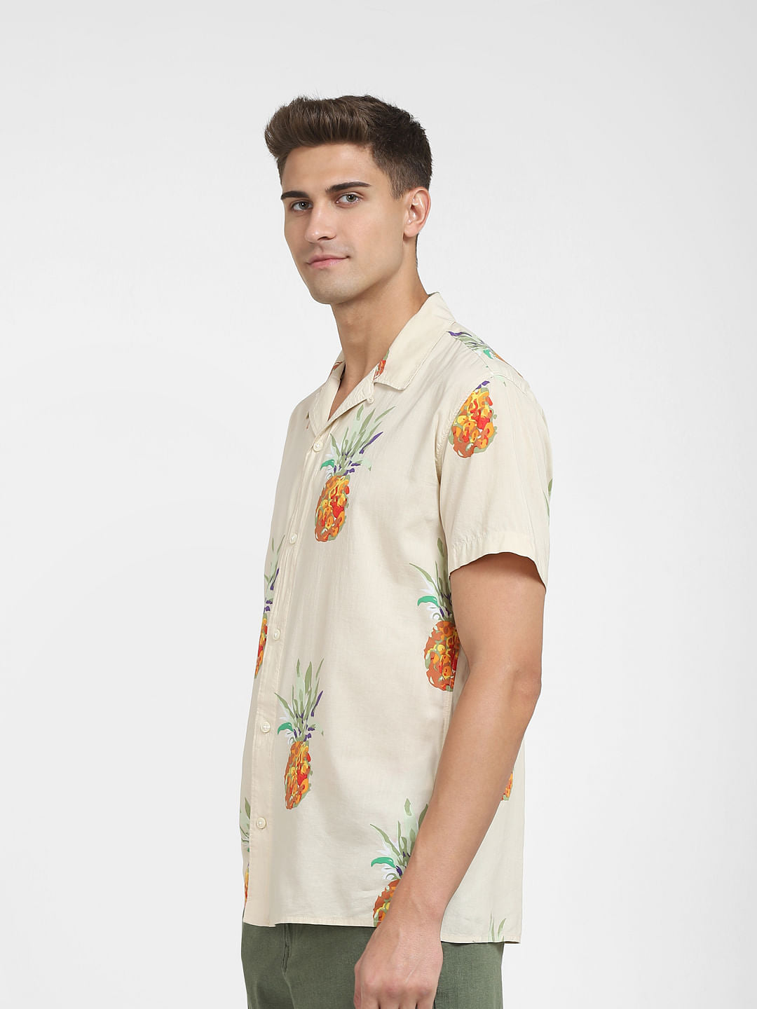 Beige All Over Print Short Sleeves Shirt