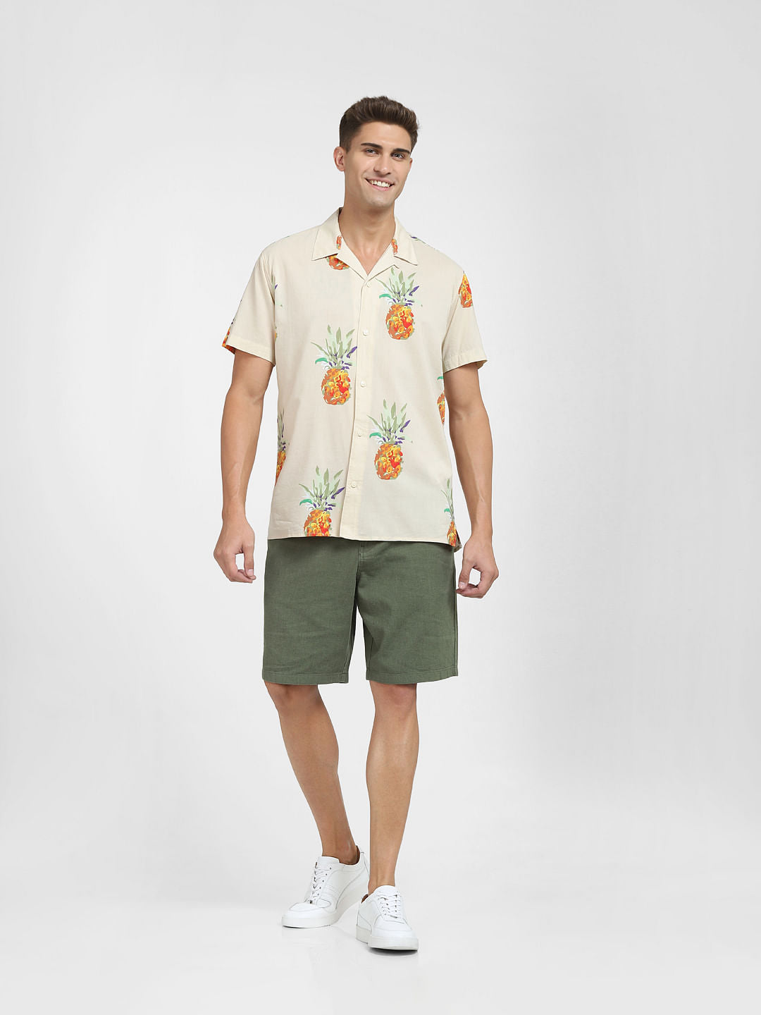 Beige All Over Print Short Sleeves Shirt