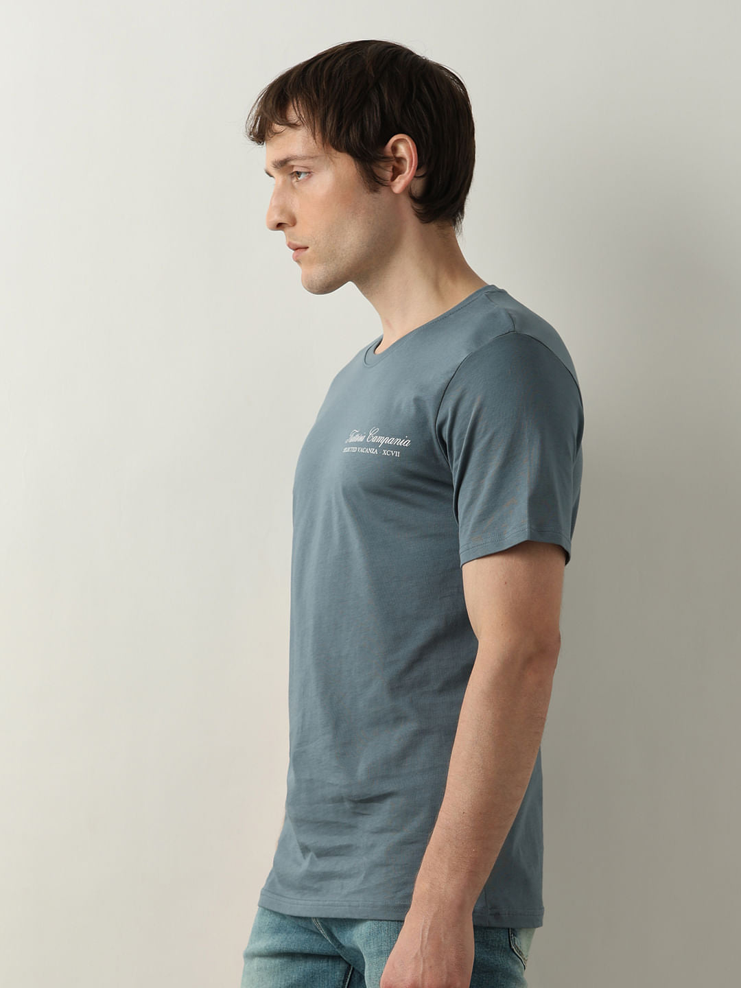 Grey Text Print Crew Neck T-shirt