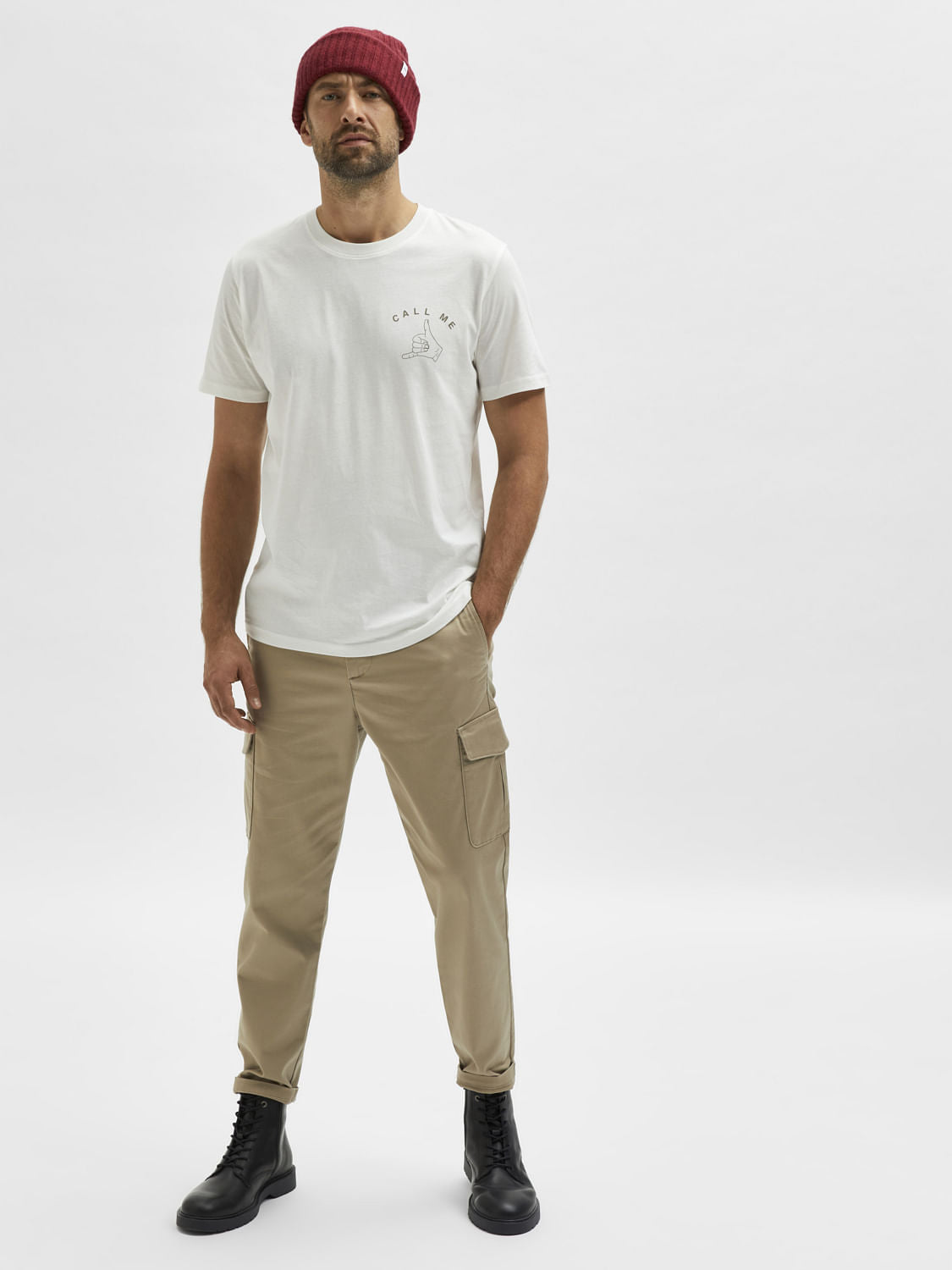 Beige Mid Rise Cargo Pants