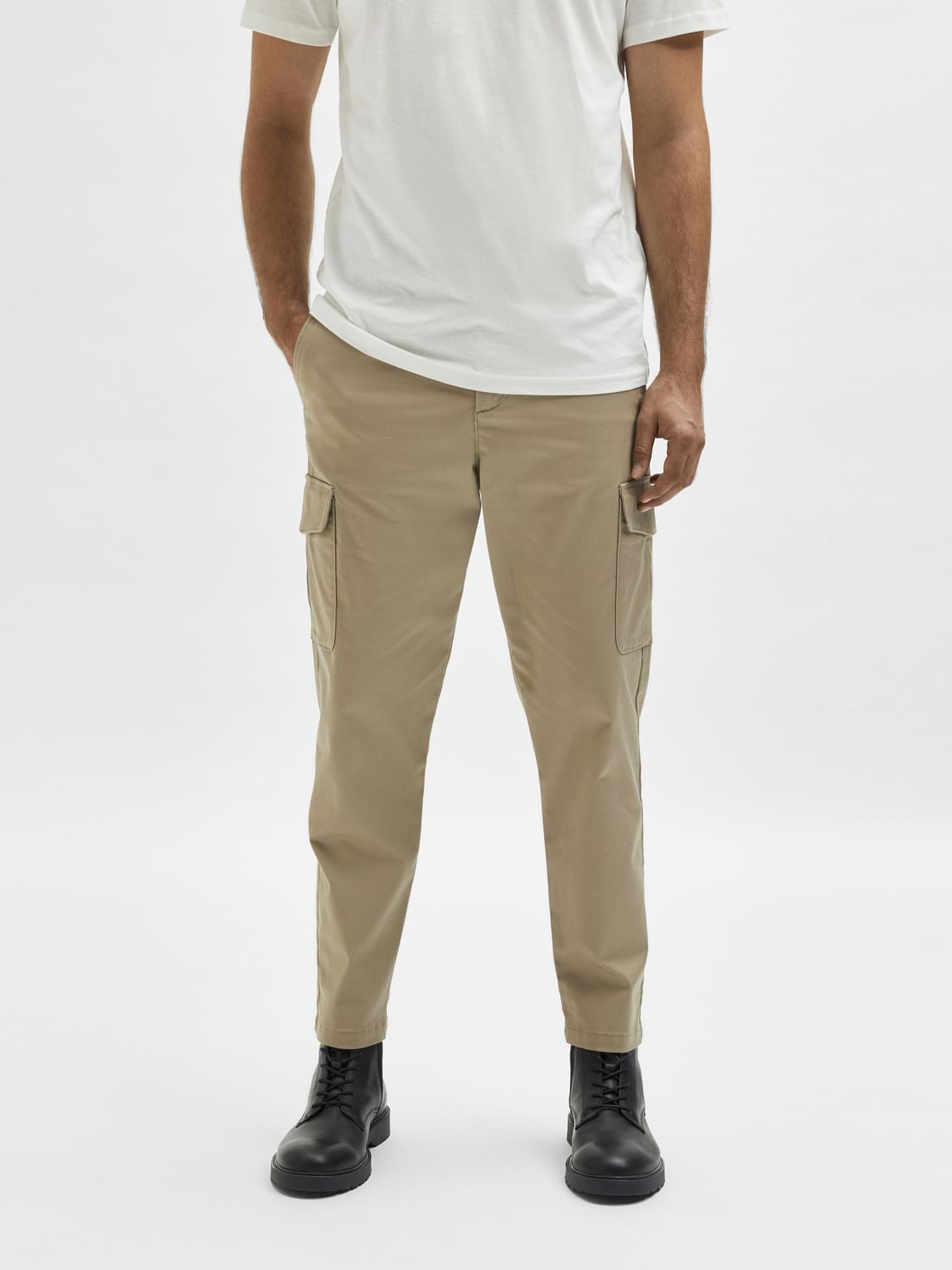 Beige Mid Rise Cargo Pants