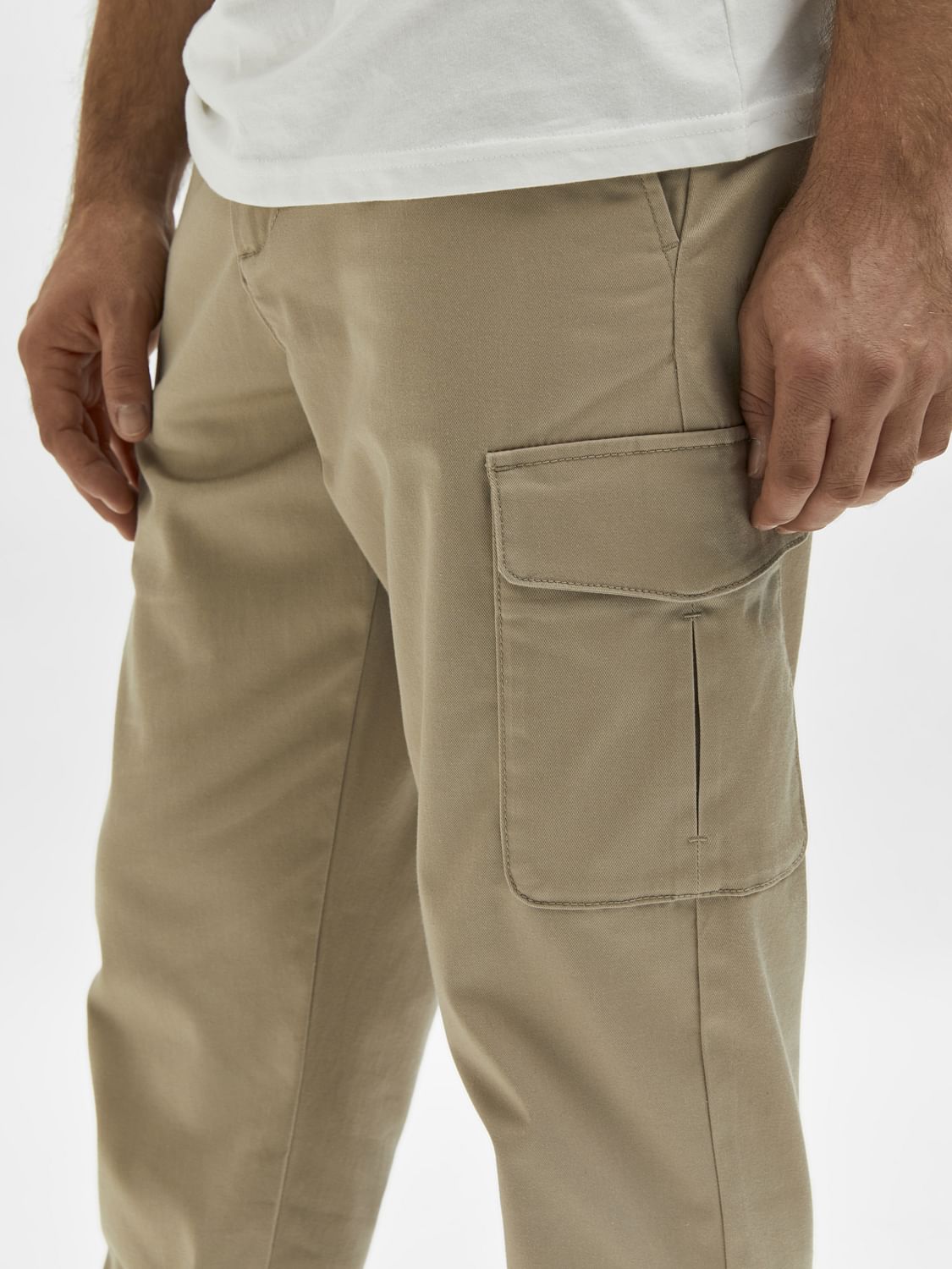 Beige Mid Rise Cargo Pants