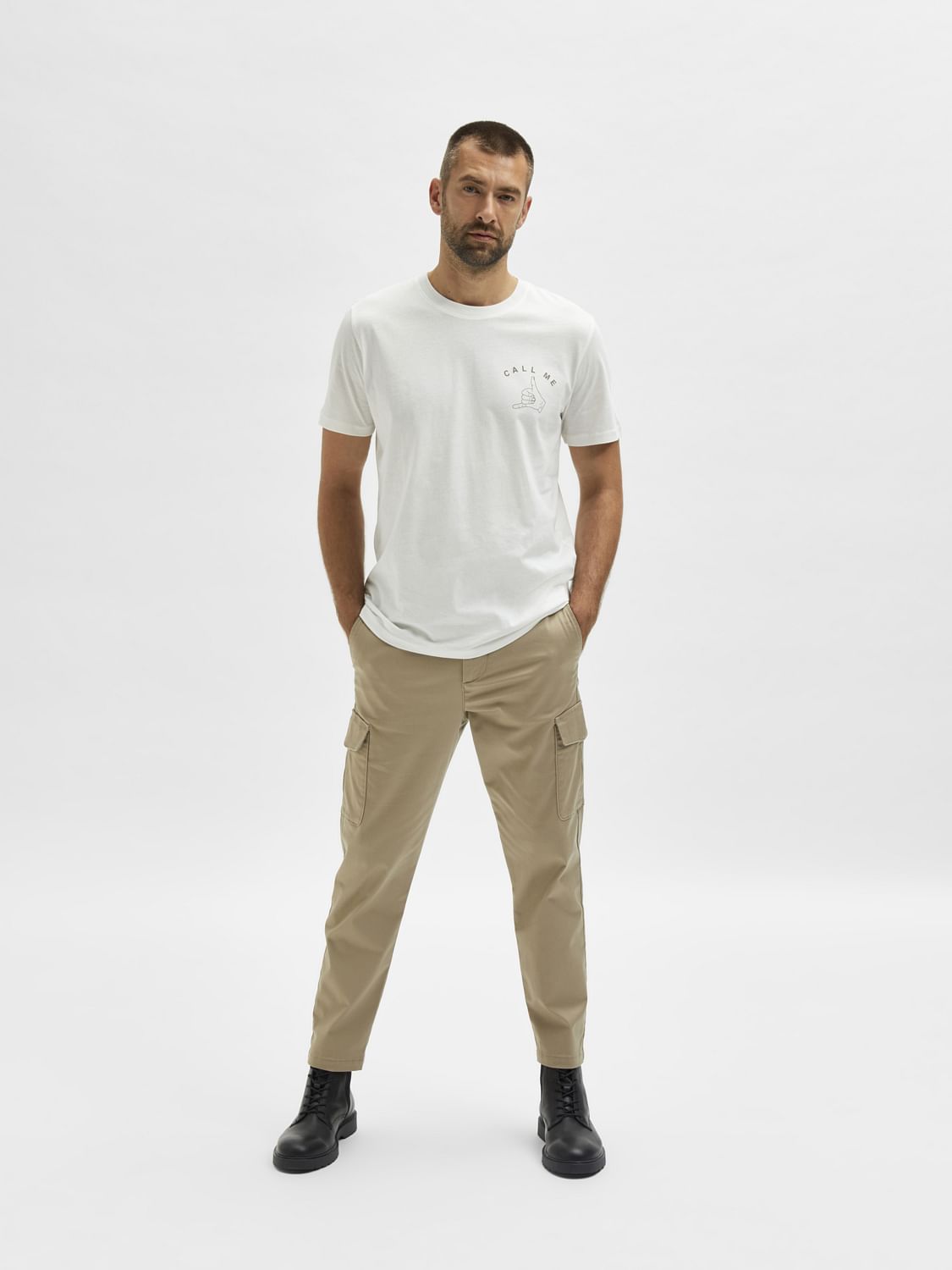 Beige Mid Rise Cargo Pants