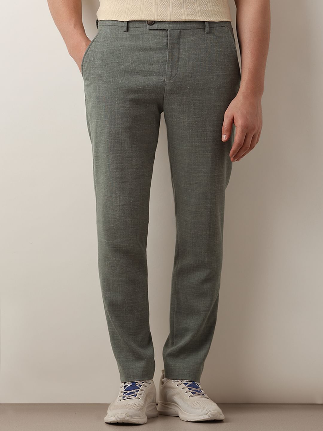 Green Linen Blend Slim Fit Suit-Set Trousers