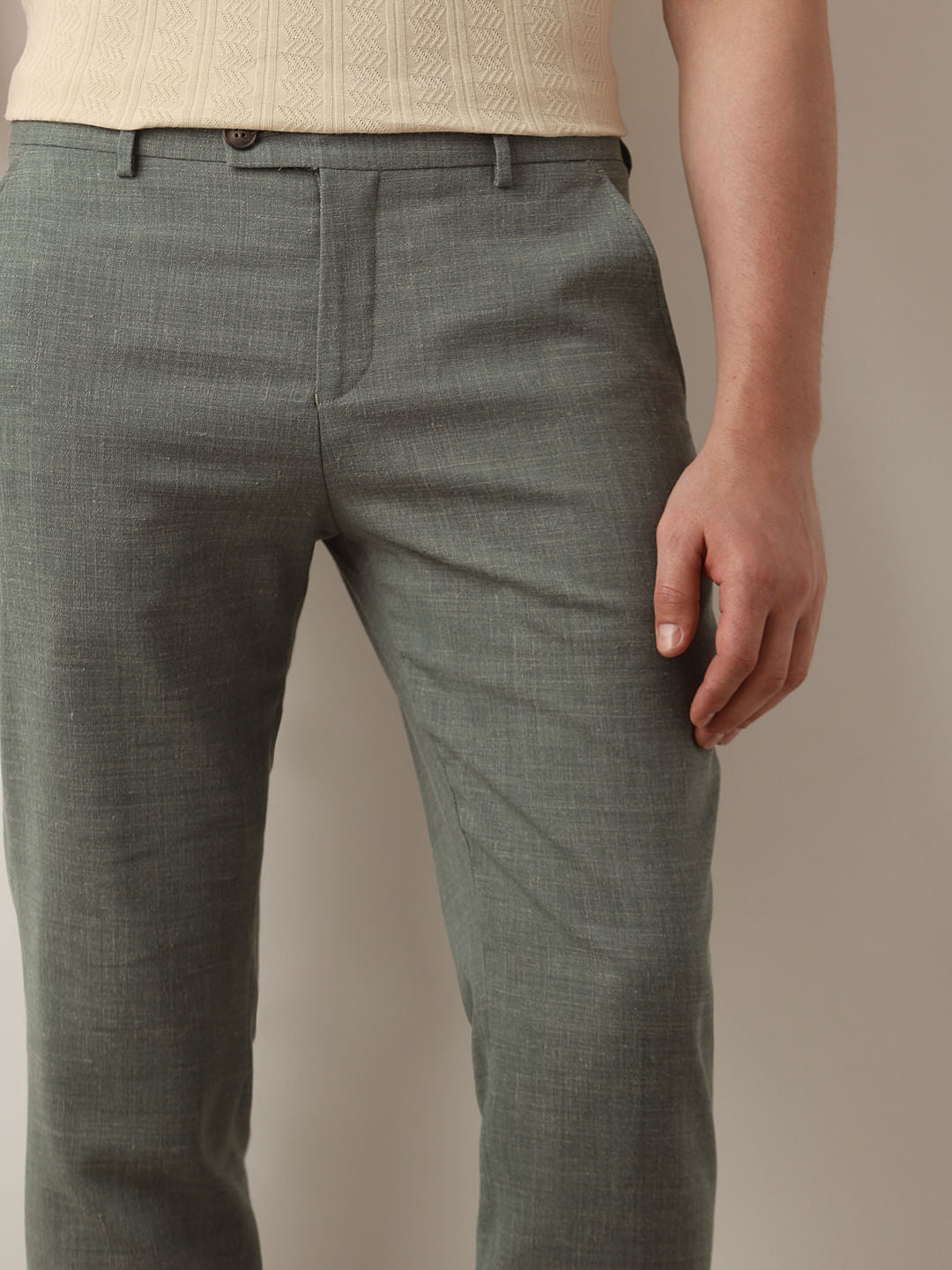 Green Linen Blend Slim Fit Suit-Set Trousers
