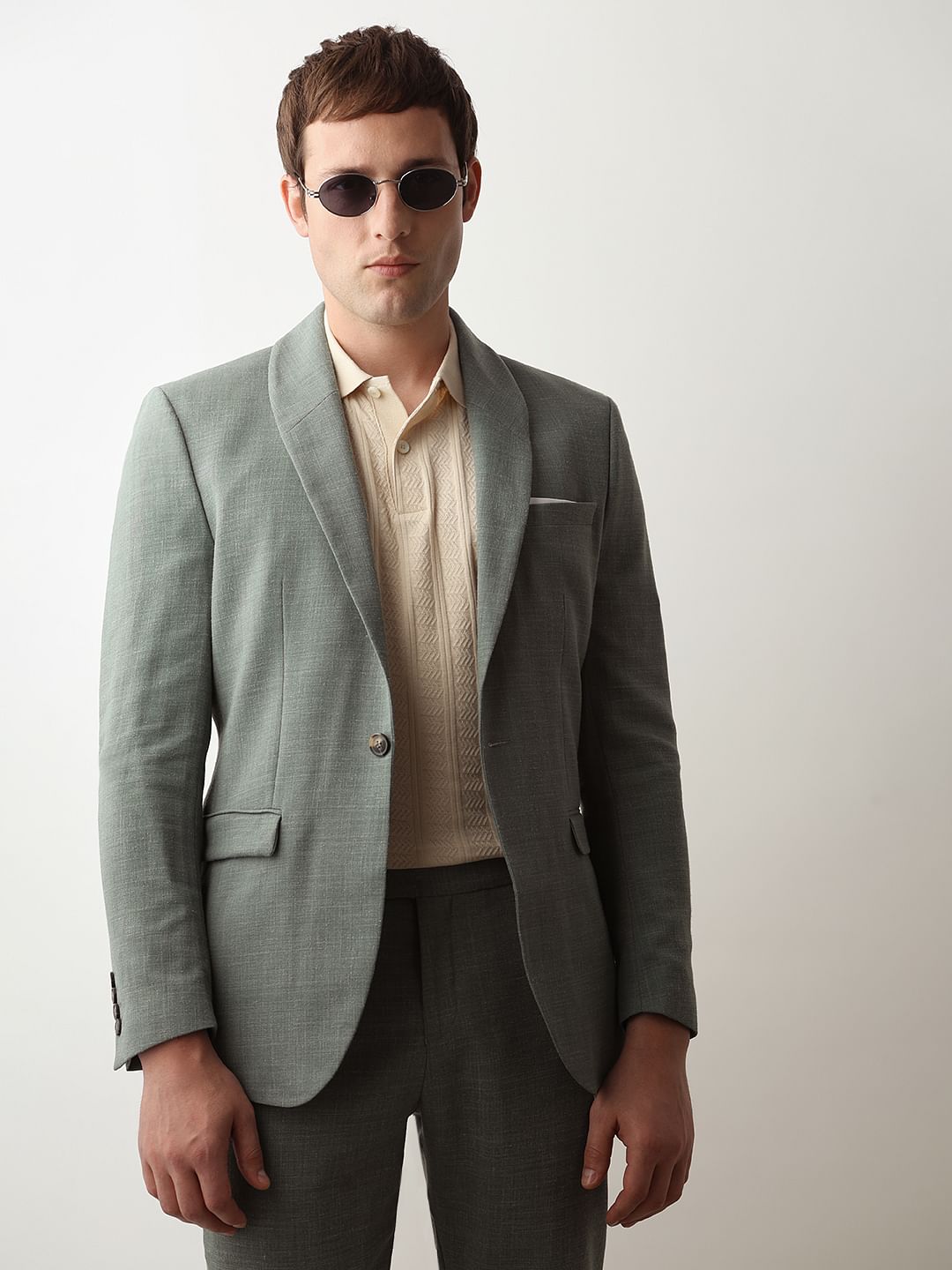 Green Linen Single Breasted Suit-Set Blazer