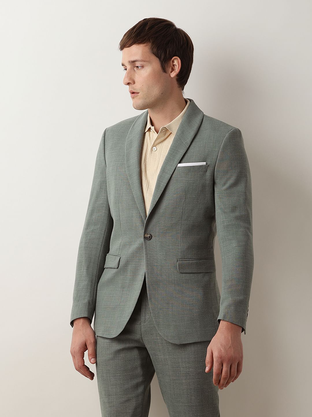 Green Linen Single Breasted Suit-Set Blazer