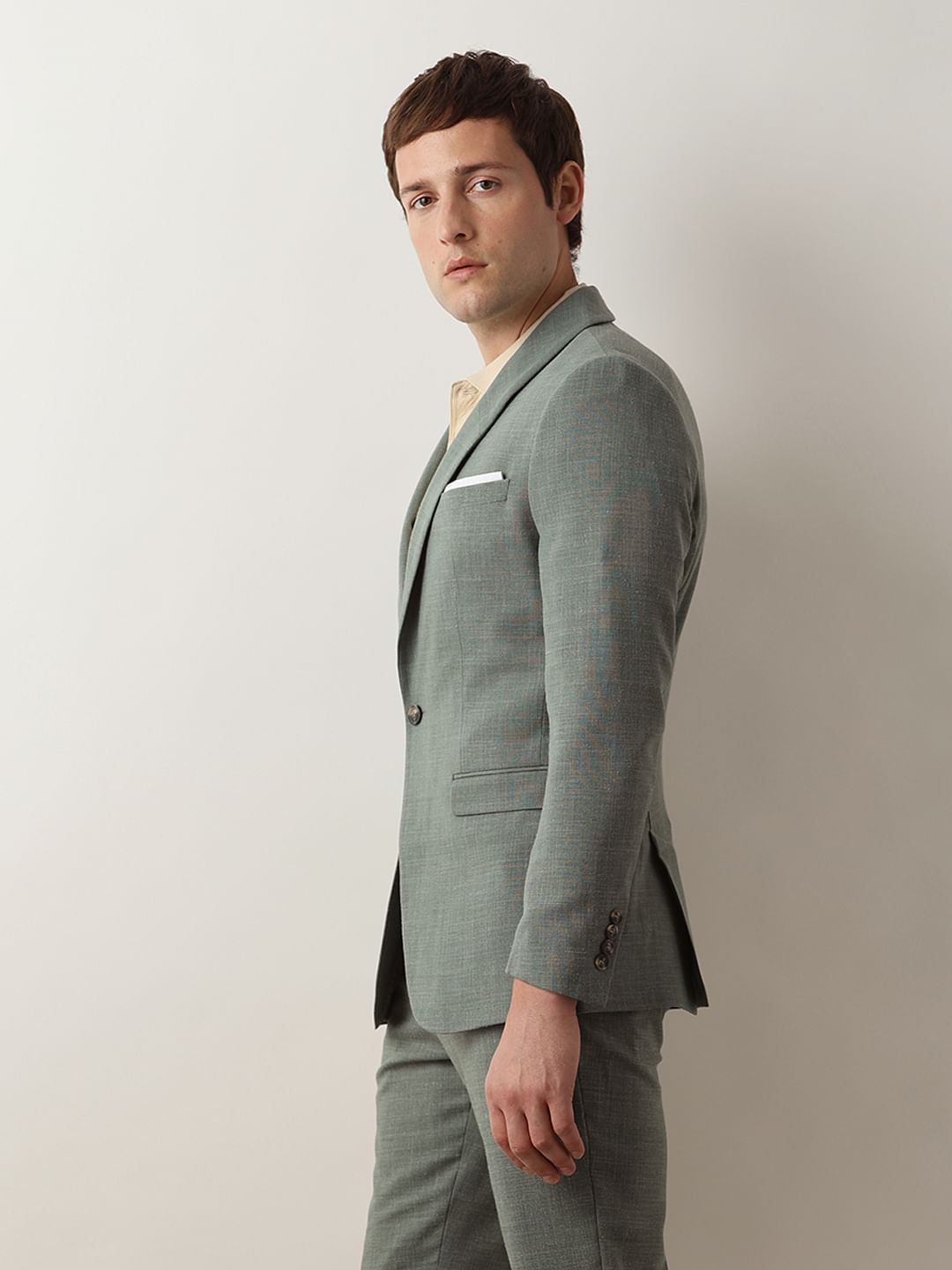 Green Linen Single Breasted Suit-Set Blazer