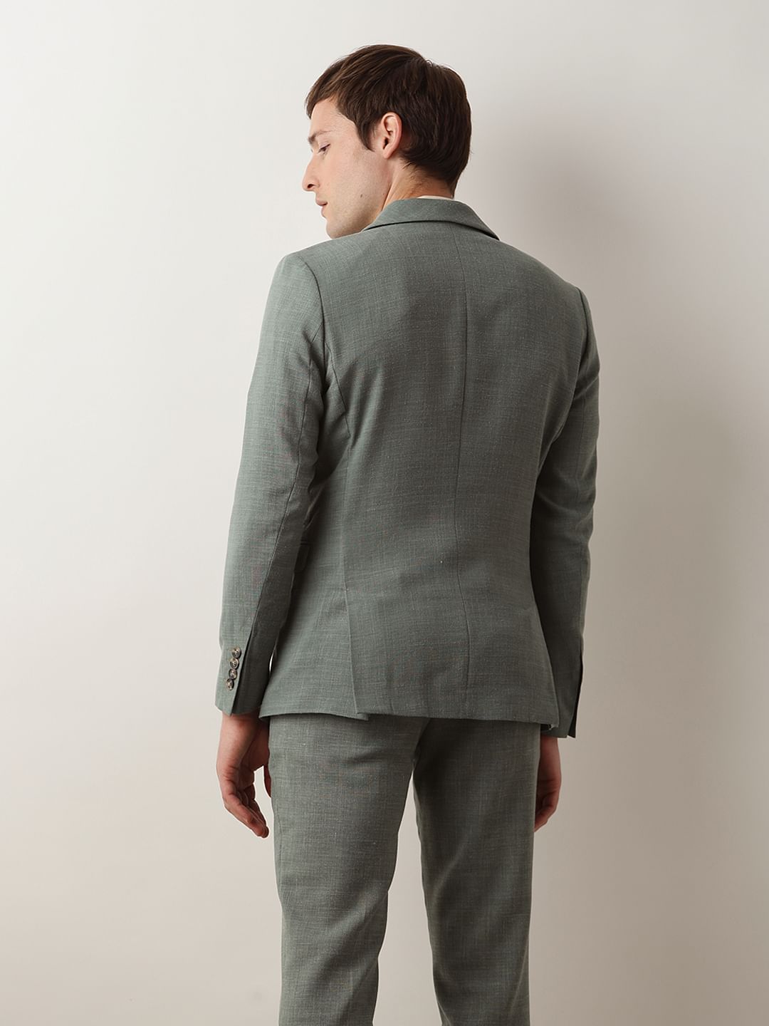 Green Linen Single Breasted Suit-Set Blazer