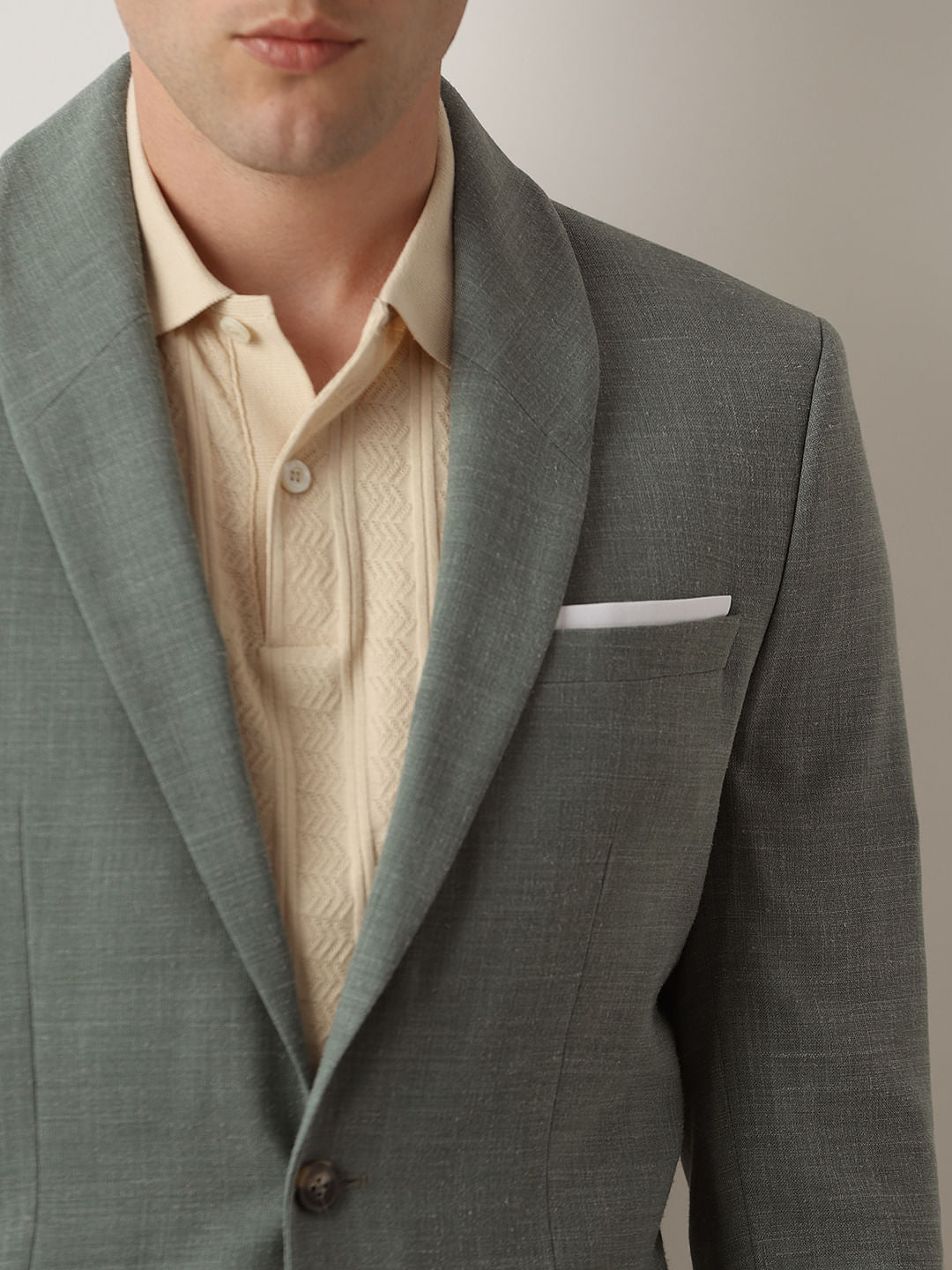 Green Linen Single Breasted Suit-Set Blazer