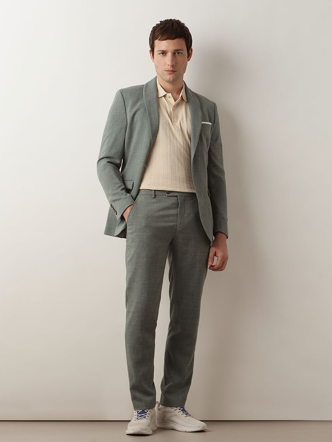 Green Linen Single Breasted Suit-Set Blazer