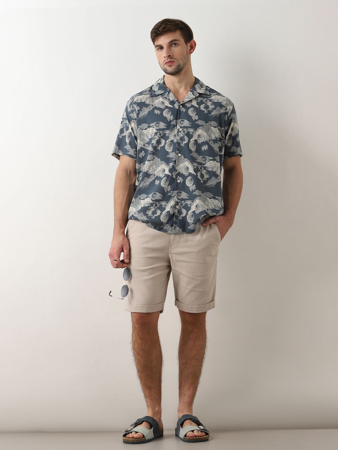 Beige Mid Rise Cotton Shorts