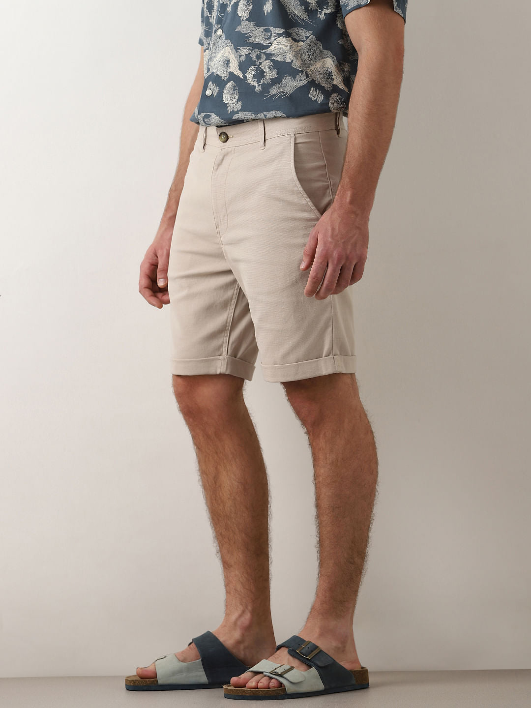 Beige Mid Rise Cotton Shorts