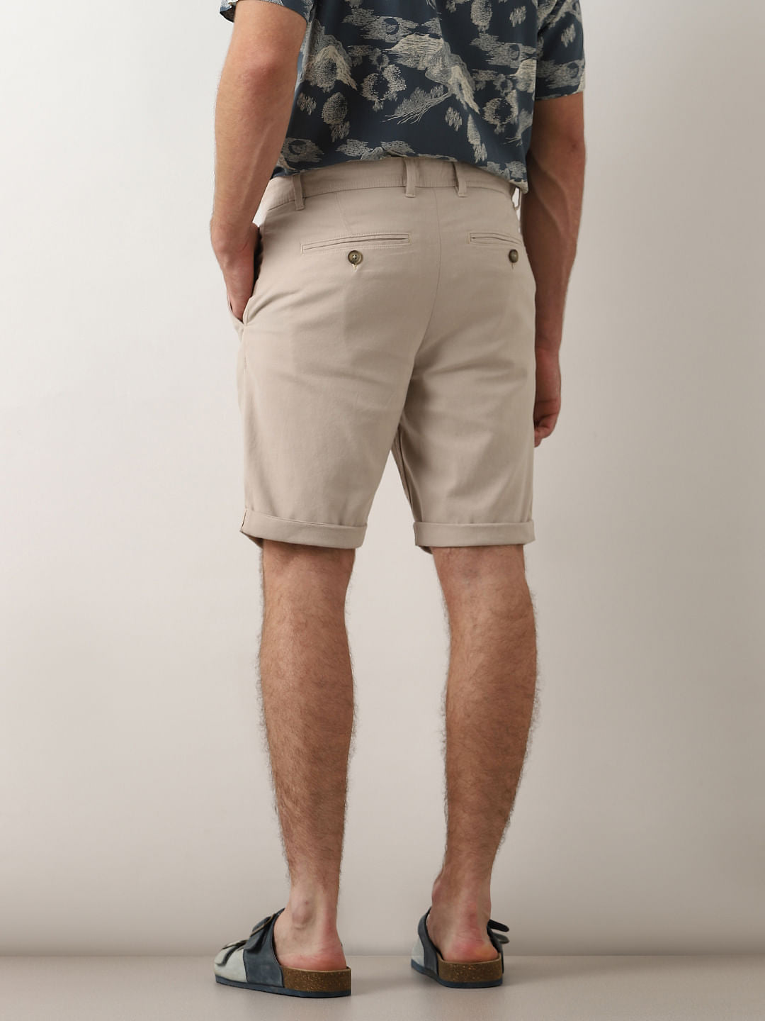 Beige Mid Rise Cotton Shorts