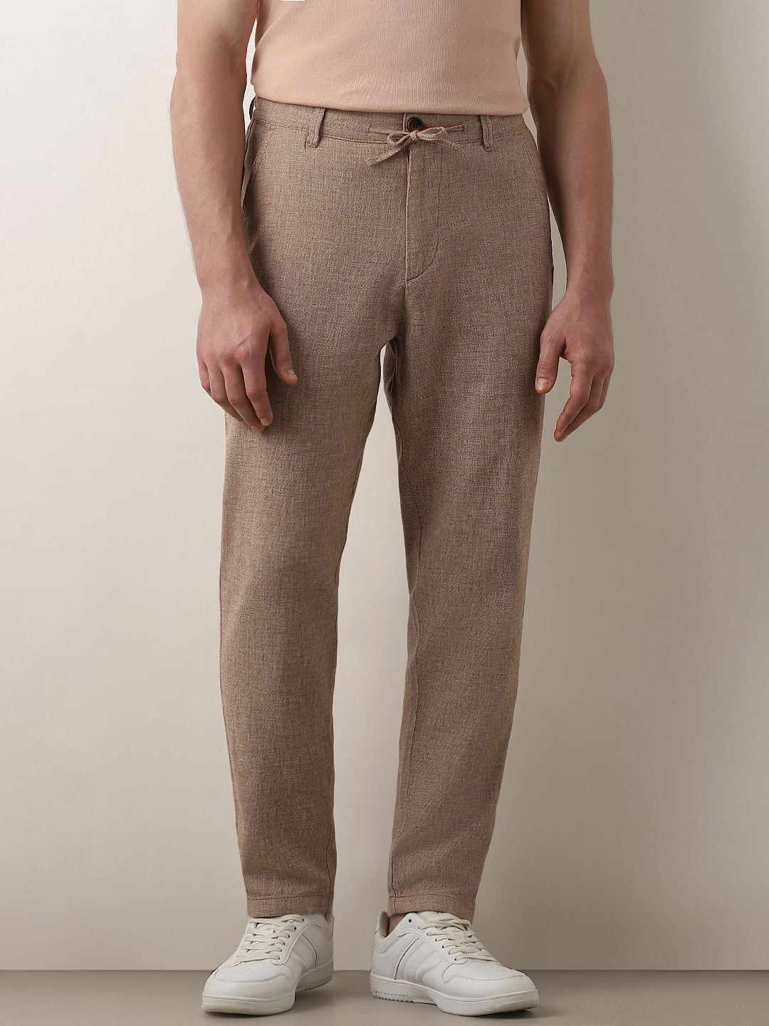 Beige Mid Rise Linen Slim Fit Pants