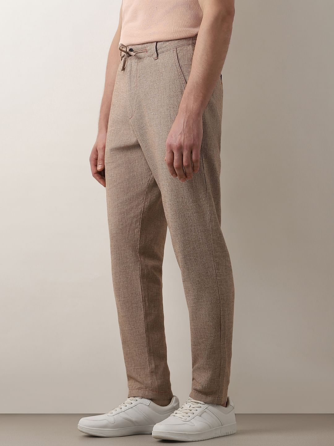 Beige Mid Rise Linen Slim Fit Pants