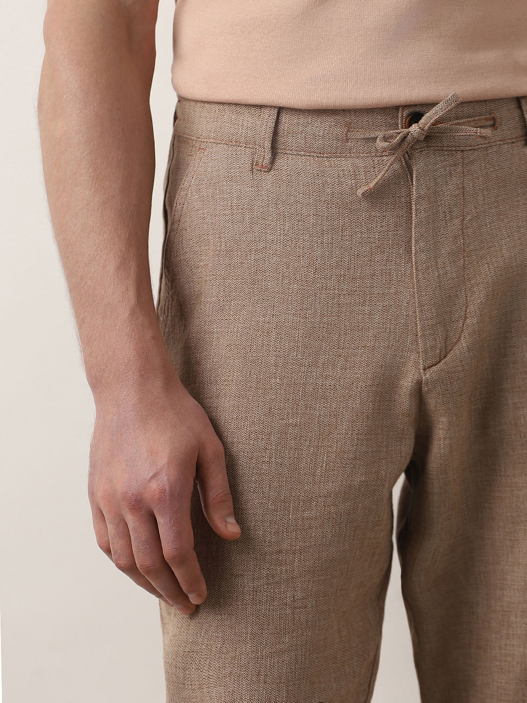 Beige Mid Rise Linen Slim Fit Pants