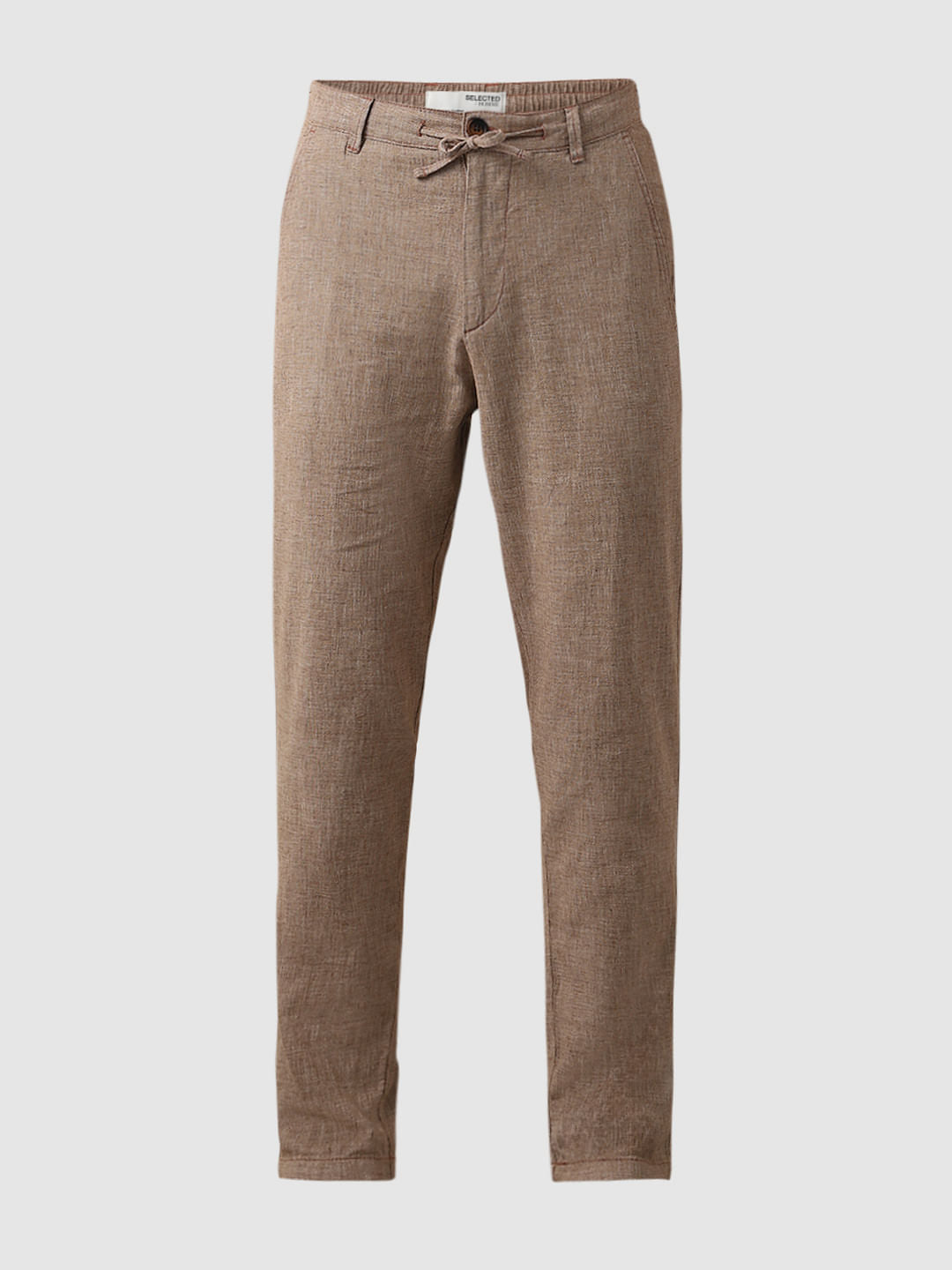 Beige Mid Rise Linen Slim Fit Pants