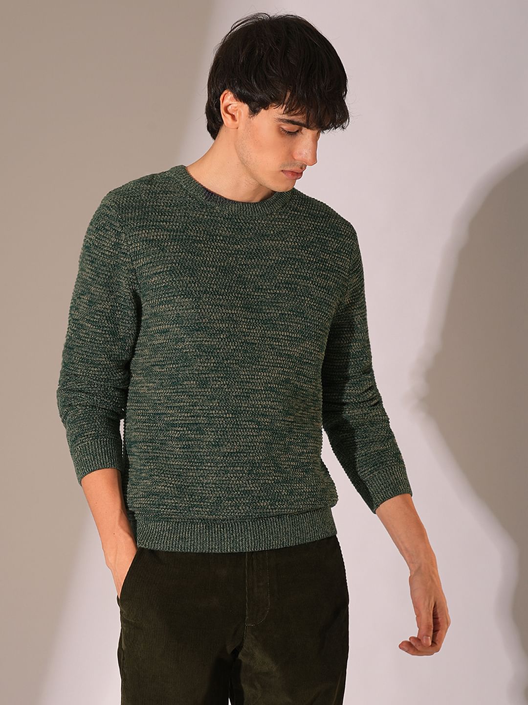Green Textured Knitted Pullover
