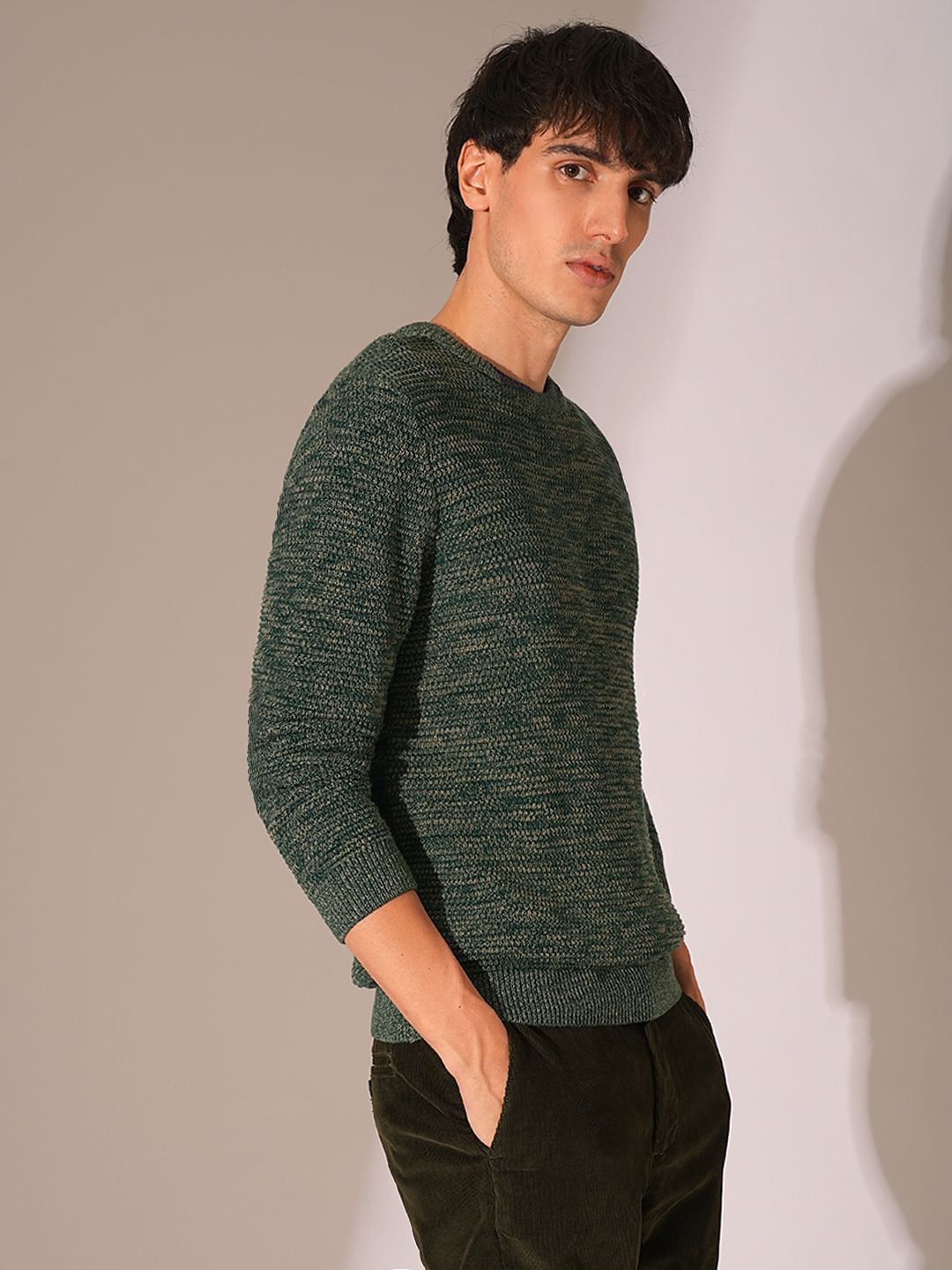 Green Textured Knitted Pullover