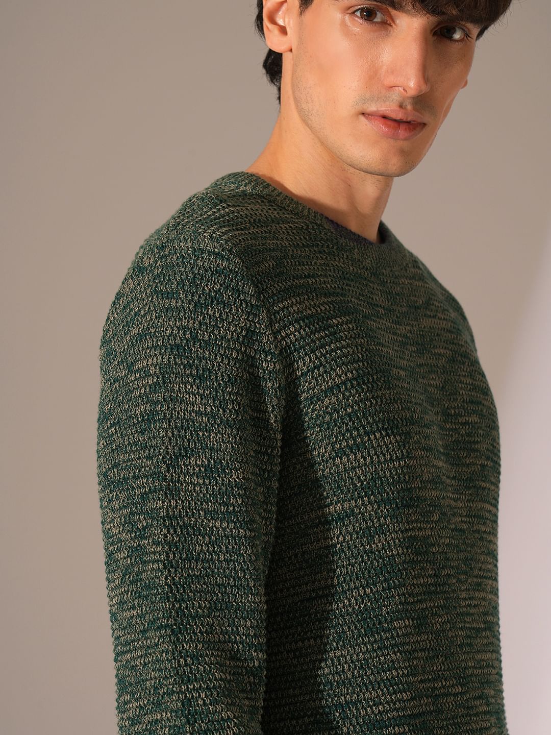 Green Textured Knitted Pullover