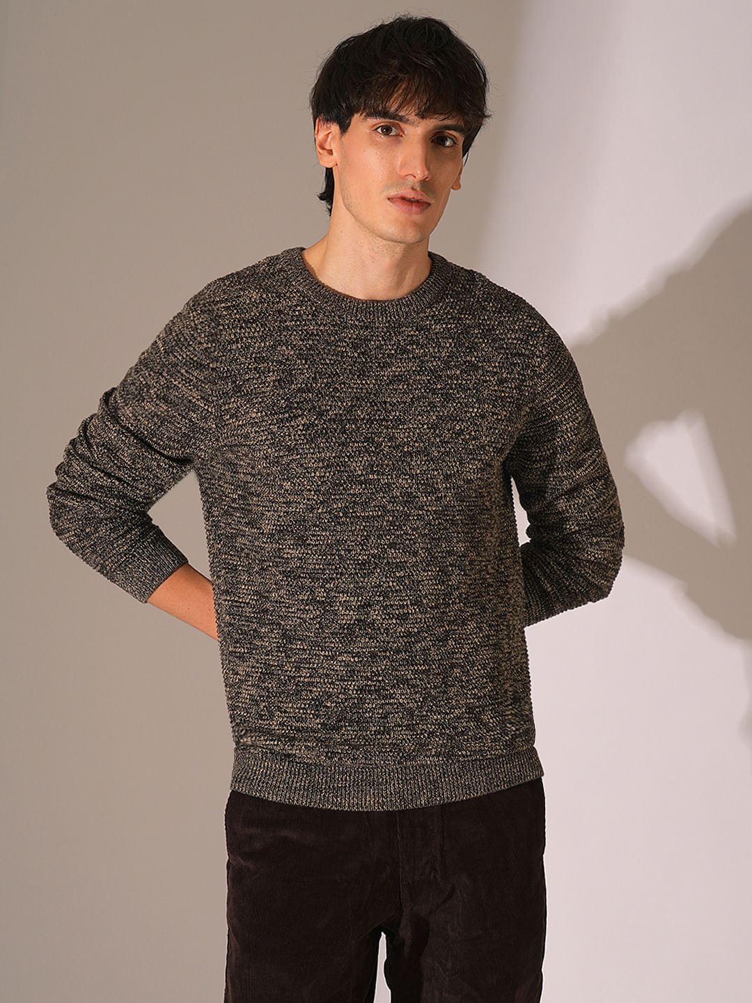 Brown Textured Knitted Pullover