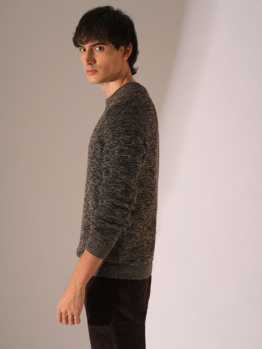 Brown Textured Knitted Pullover
