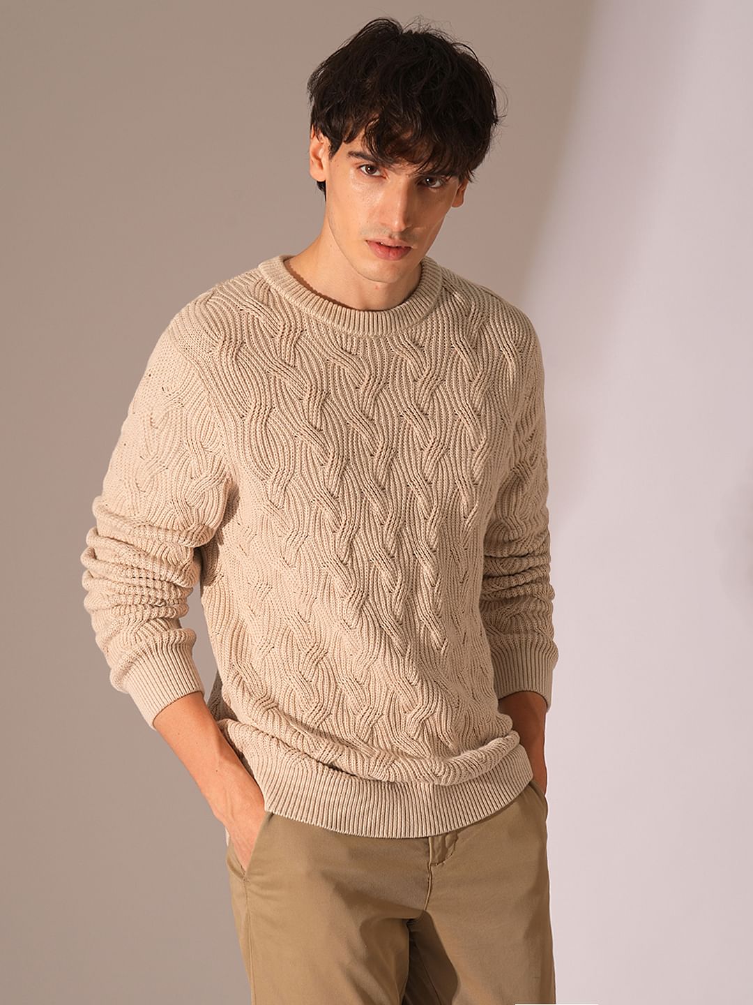 Beige Cable Knit Pullover