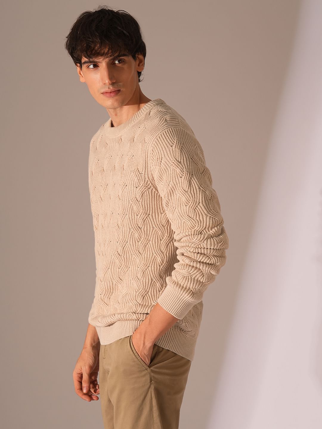 Beige Cable Knit Pullover