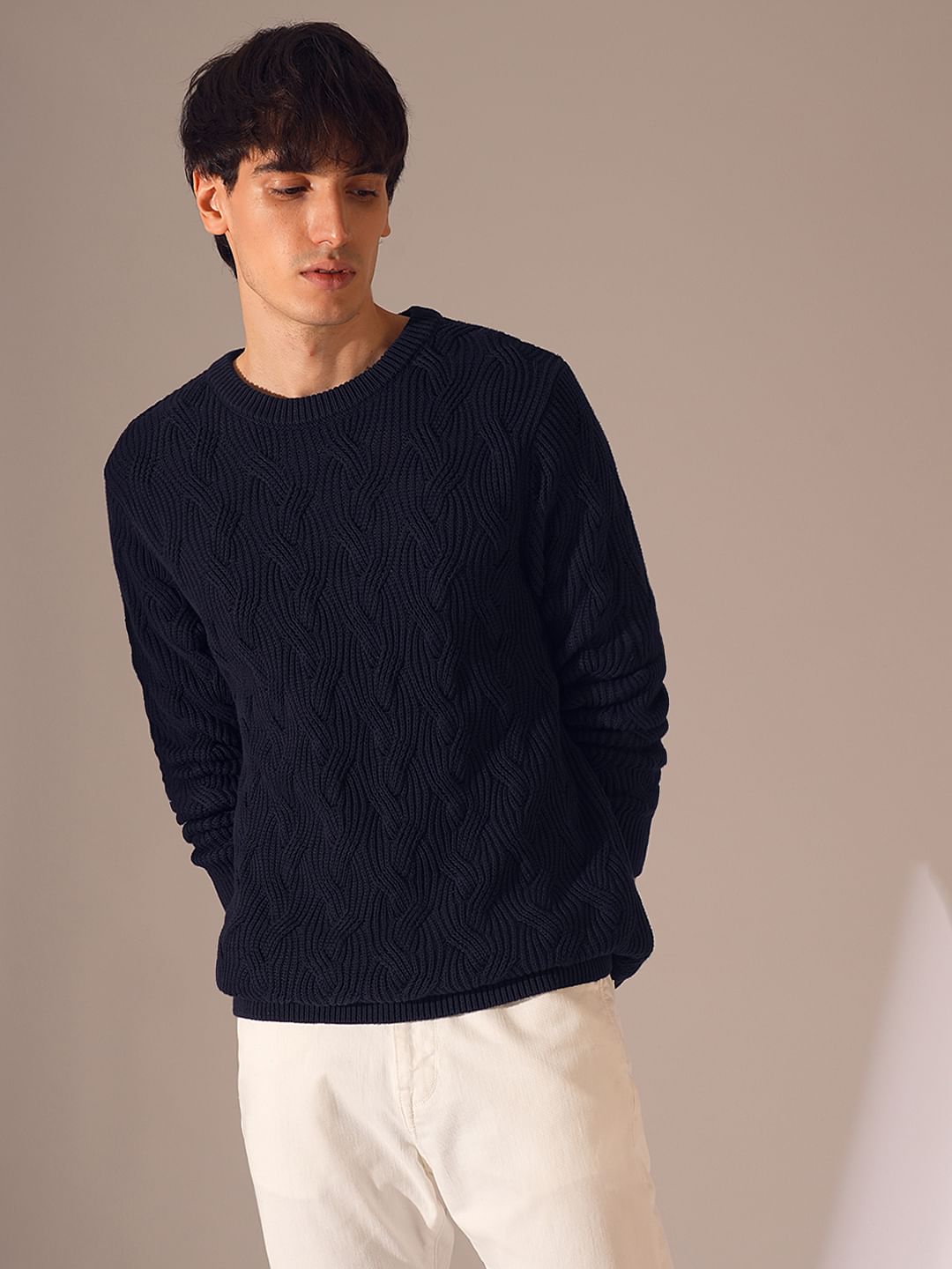 Navy Blue Cable Knit Pullover - Main Image