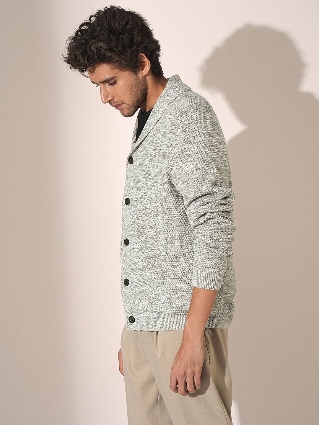 Grey Shawl Neck Knitted Cardigan