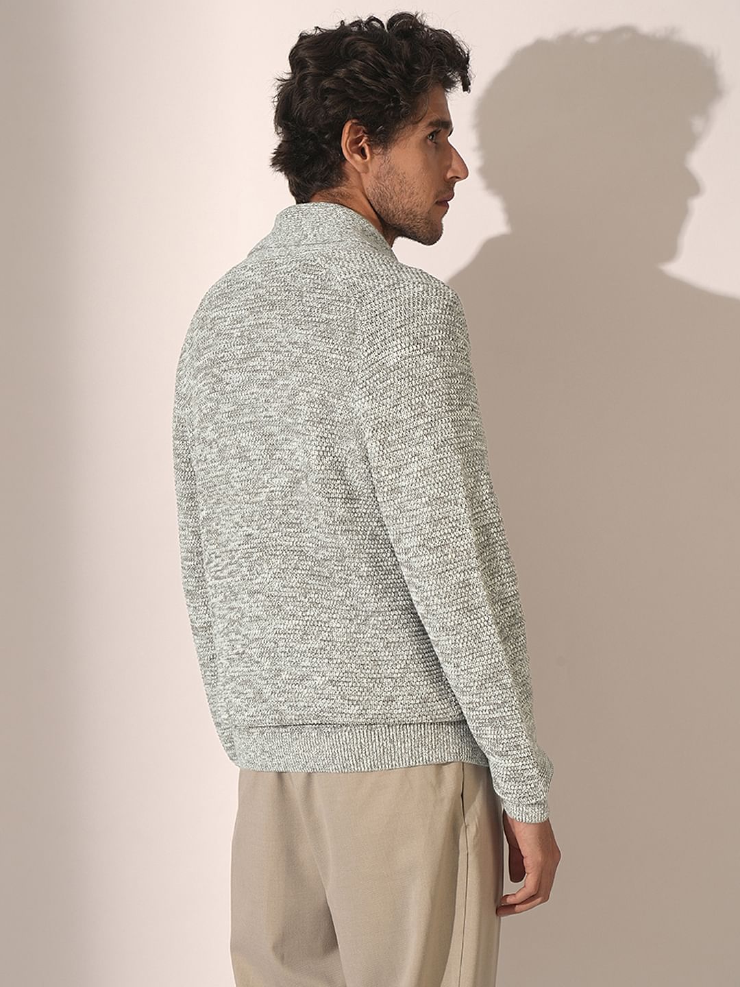 Grey Shawl Neck Knitted Cardigan