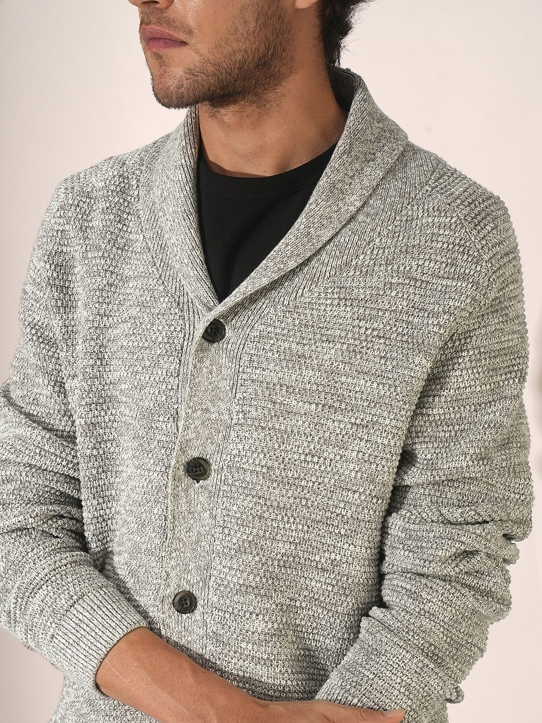 Grey Shawl Neck Knitted Cardigan