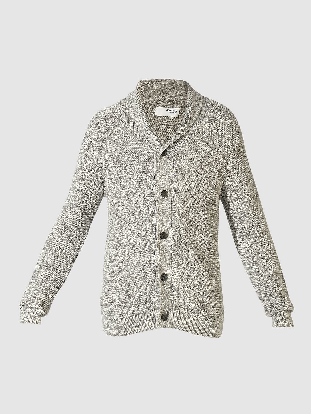 Grey Shawl Neck Knitted Cardigan