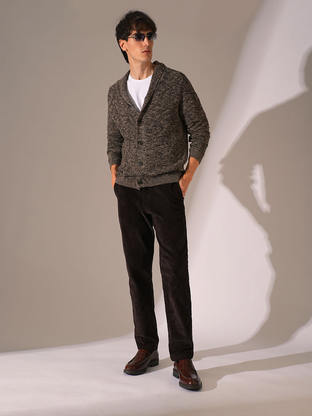 Brown Shawl Neck Knitted Cardigan