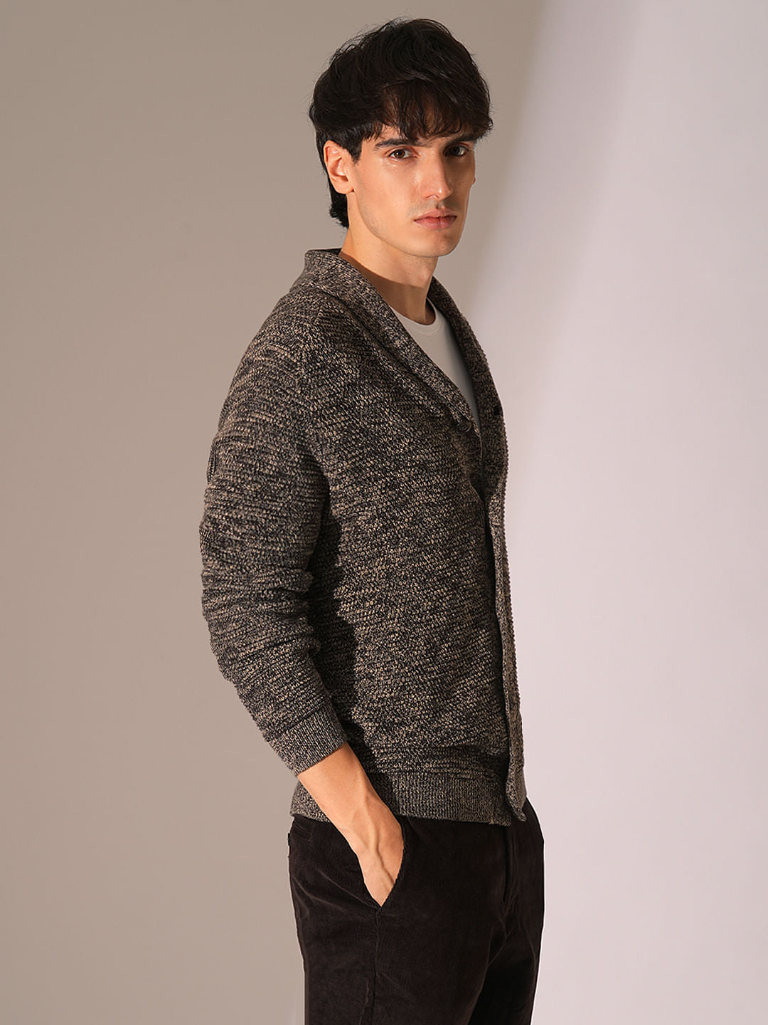 Brown Shawl Neck Knitted Cardigan
